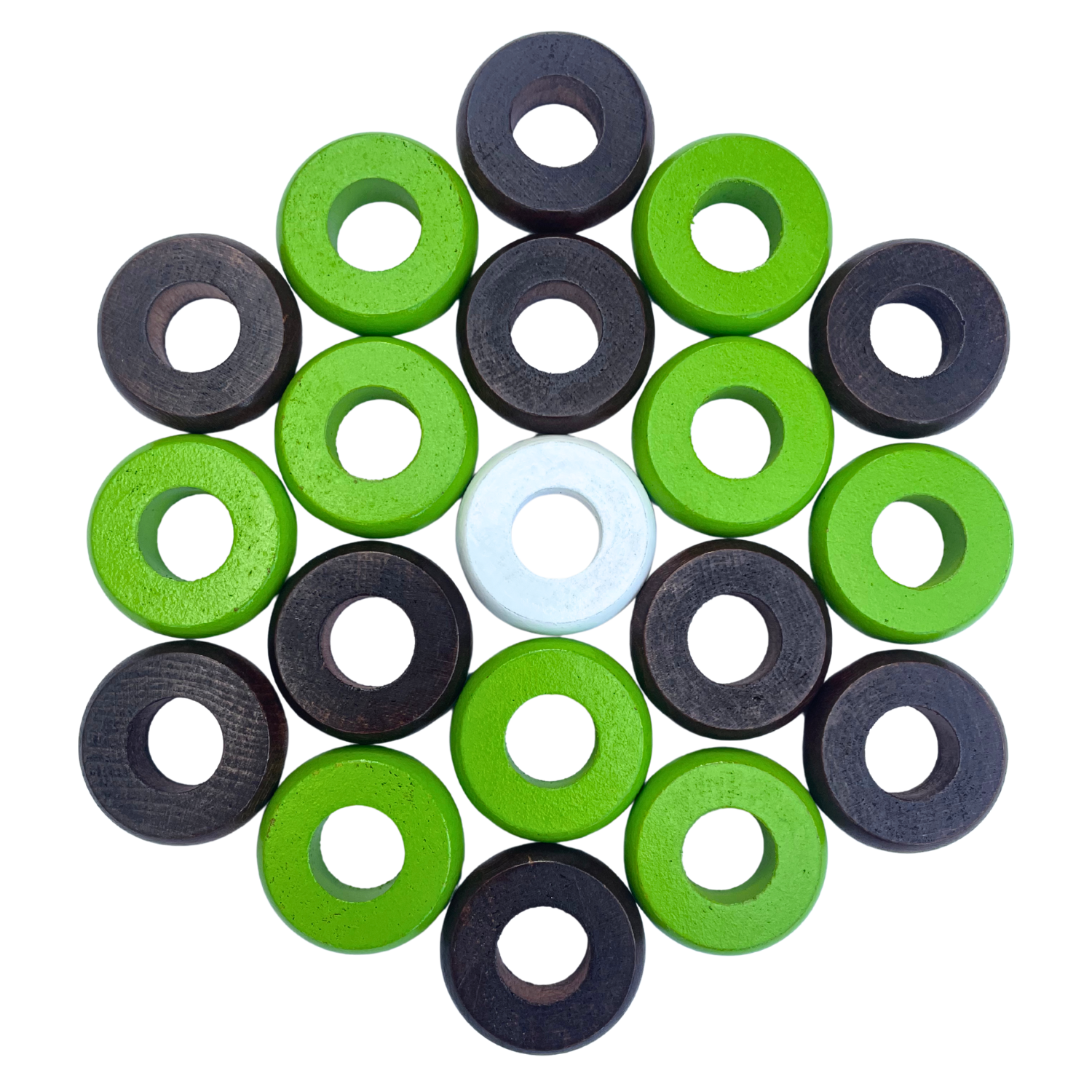 32 Lime Green and Walnut Carrom / Pichenotte Rings - (Lime Green / Walnut / Natural / Black / White) - Anneaux De Pichenottes - Game Accessories / Accessoires De Jeu