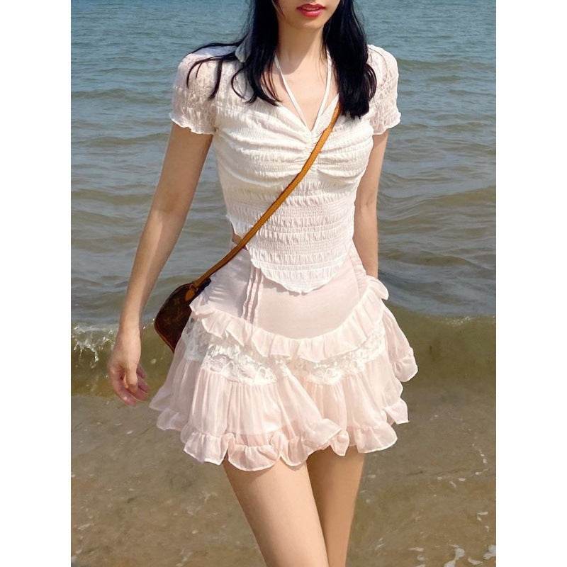Sweet Girl Lolita High Waist Slimming Flounce Chiffon layered Mini Lace Skirt