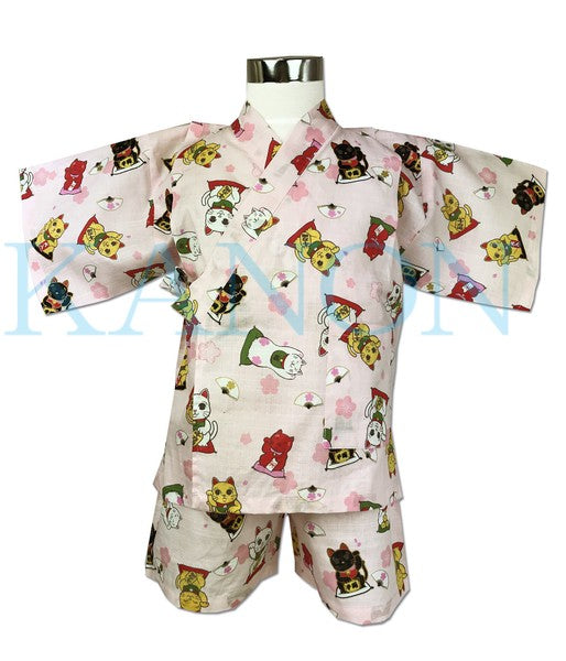 [Pre-Order] Girls' Jinbei Set: Lucky Cat - Pink 2-Piece Set (Textured Cotton) (Save 50% in January)