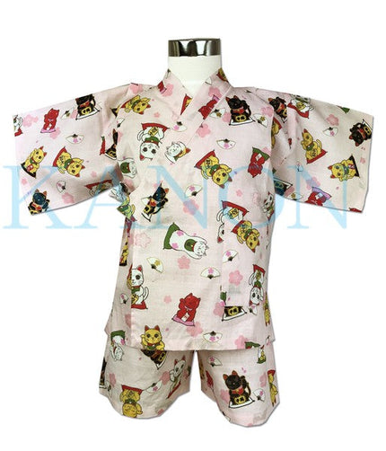 [Pre-Order] Girls' Jinbei Set: Lucky Cat - Pink 2-Piece Set (Textured Cotton) (Save 50% in January)