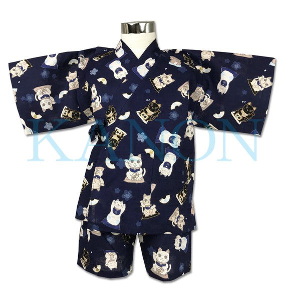 [Pre-Order] Girls' Jinbei Set: Lucky Cat - Navy 2-Piece Set (Textured Cotton) (Save 50% in January)