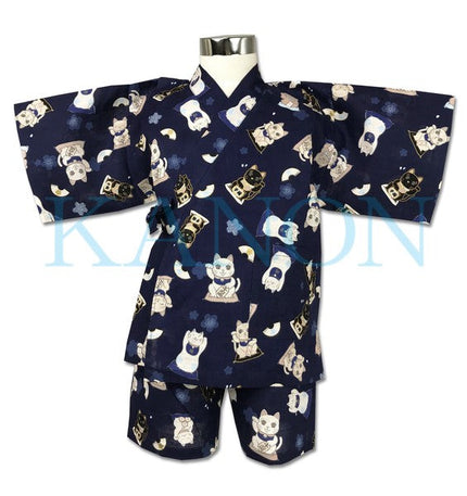 [Pre-Order] Girls' Jinbei Set: Lucky Cat - Navy 2-Piece Set (Textured Cotton) (Save 50% in January)