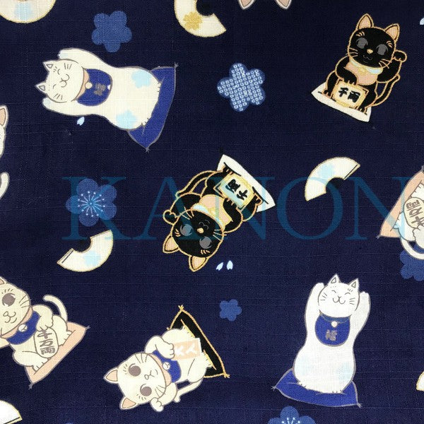 [Pre-Order] Girls' Jinbei Set: Lucky Cat - Navy 2-Piece Set (Textured Cotton) (Save 50% in January)