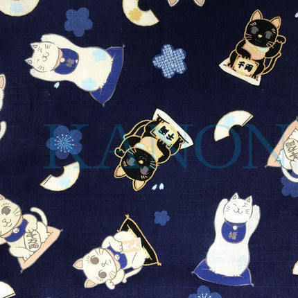 [Pre-Order] Girls' Jinbei Set: Lucky Cat - Navy 2-Piece Set (Textured Cotton) (Save 50% in January)