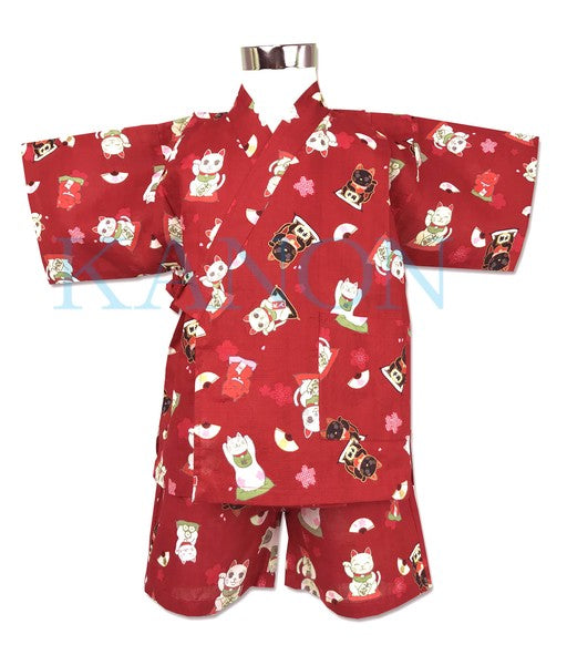 [Pre-Order] Girls' Jinbei Set: Lucky Cat - Red 2-Piece Set (Textured Cotton) (Save 50% in January)