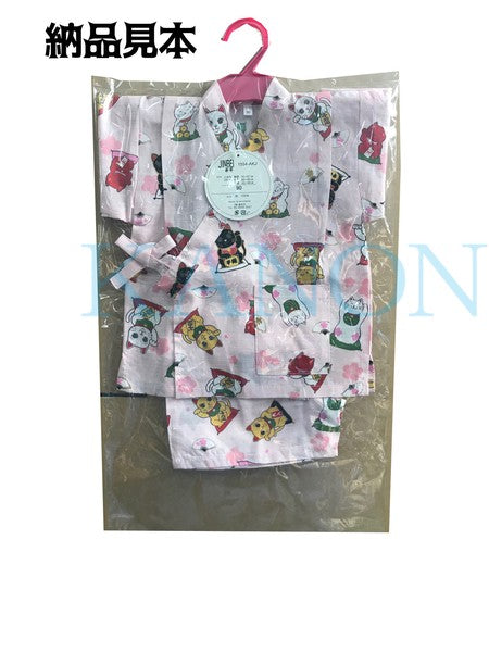 [Pre-Order] Girls' Jinbei Set: Lucky Cat - Red 2-Piece Set (Textured Cotton) (Save 50% in January)