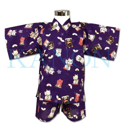 [Pre-Order] Girls' Jinbei Set: Lucky Cat - Purple 2-Piece Set (Textured Cotton) (Save 50% in January)