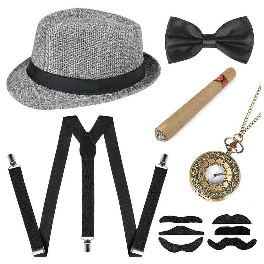 Party Men's Top Hat Pipe Pocket Watch Strap Tie Fake Cigar Set