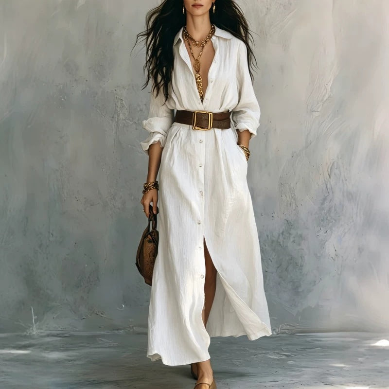V-Neck Long Shirt Dress for Women – Cotton Linen A-Line Maxi Dress Canada USA