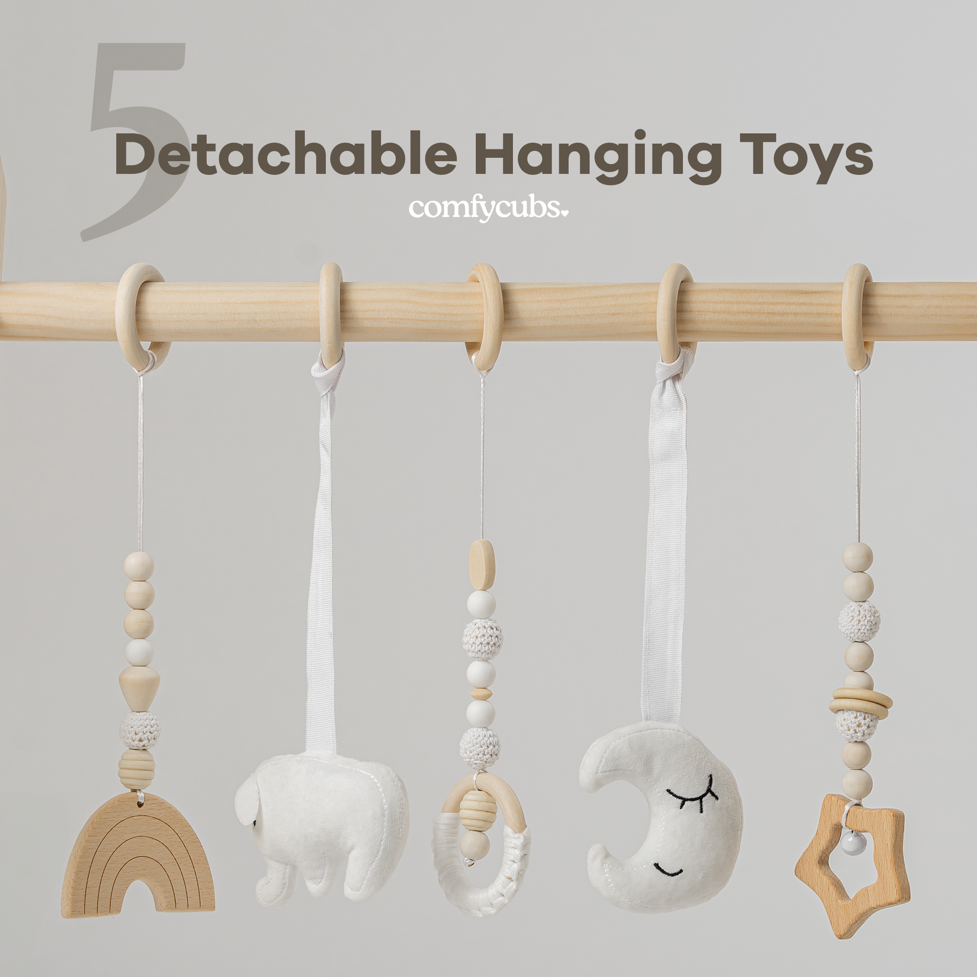 Comfy Cubs - Foldable Baby Play Gym with 5 Hanging Toys - Natural Wood