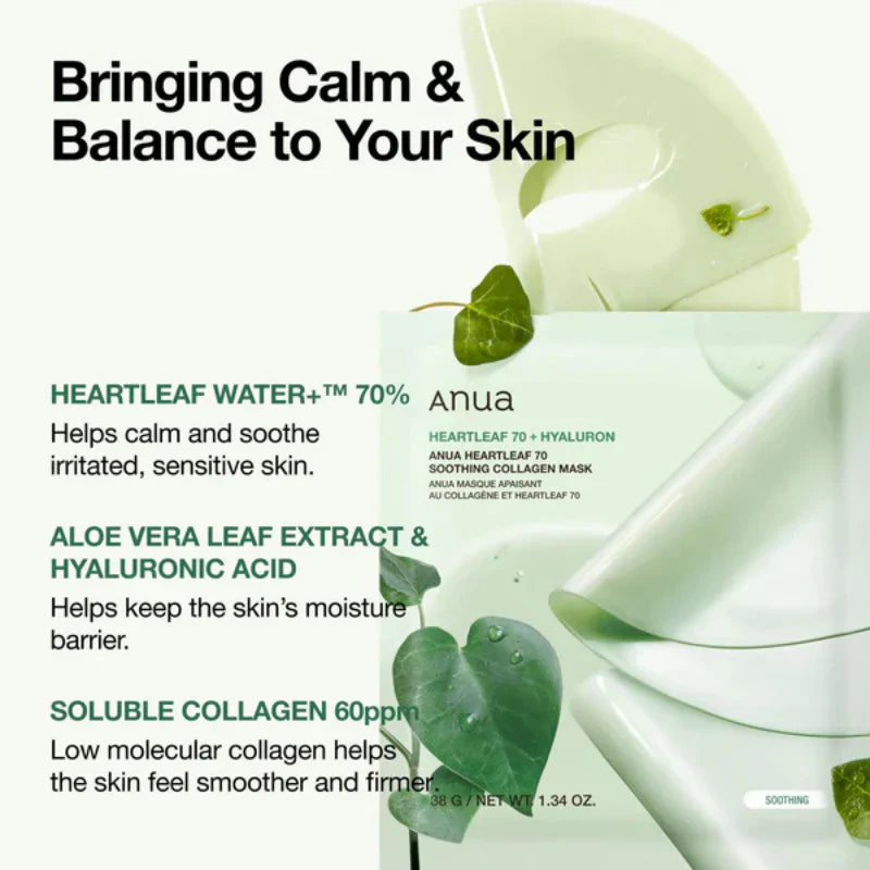 Anua Heartleaf 70 Soothing Collagen Mask 38g - 1 BOX 4 PCS