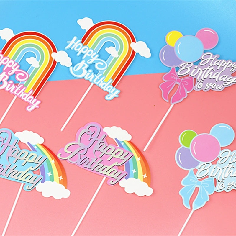 Birthday Cake Decoration Inserts – Rainbow & Balloon Baking Toppers (10 PCS)