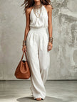 Women's Halter Neck Backless Wide-Leg Jumpsuit | Sleeveless Lace-Up Onesie