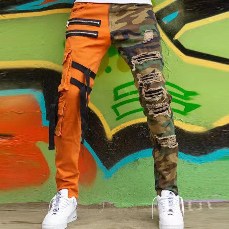 Men's Ripped Patchwork Biker Jeans – Slim Fit Distressed Denim Streetwear Pants