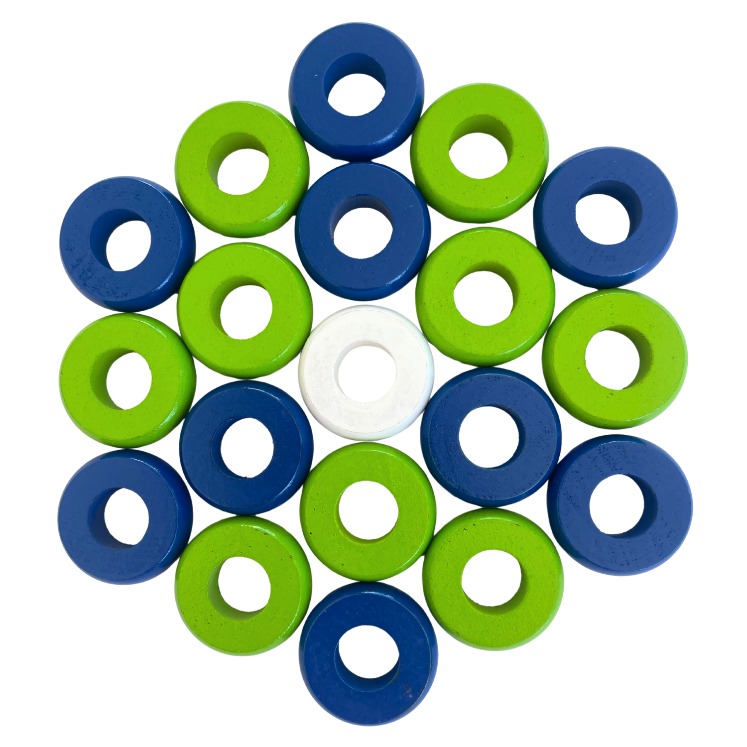 32 Blue and Lime Green Carrom / Pichenotte / Croquignole Rings - (Blue / Lime Green / Natural / Black / White) - Anneaux De Pichenottes - Game Accessories / Accessoires De Jeu