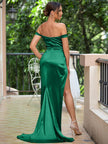 Sweetheart Neck Off shoulder Corset Style Satin Slim Fit High Slit Evening Gown Maxi Dress - Green