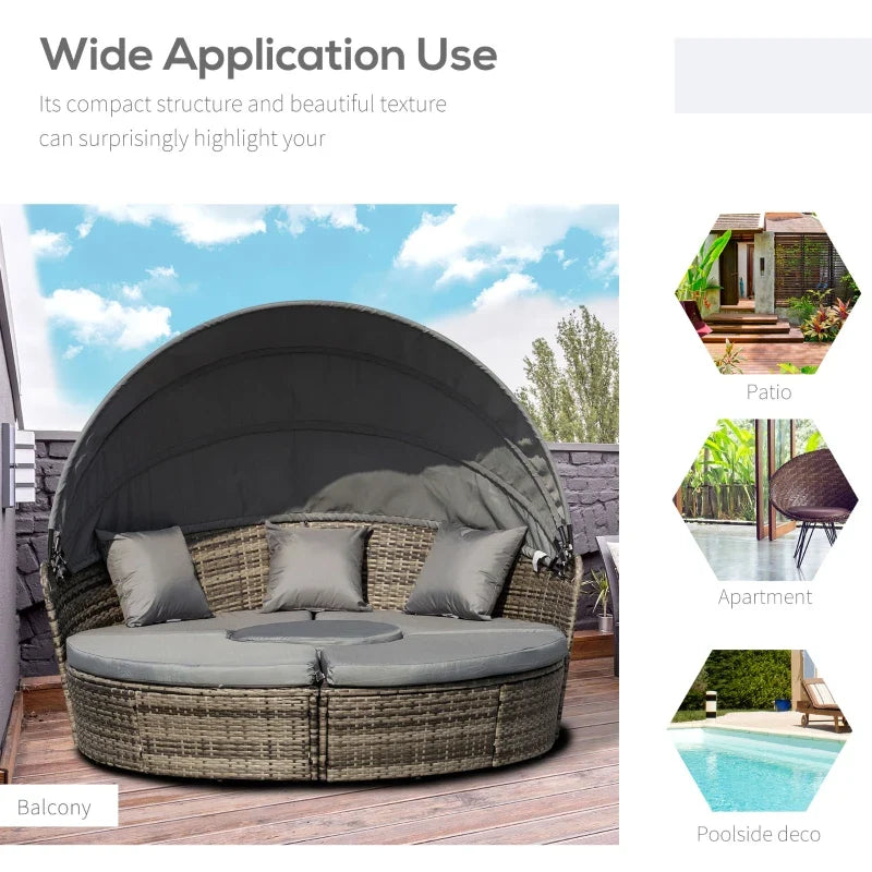 Outsunny 4 Pieces Outdoor Daybed with Retractable Canopy, PE Rattan Wicker Round Sofa Day Bed, Patio Sectional Conversation Furniture Set with Cushions and Pillows, Grey