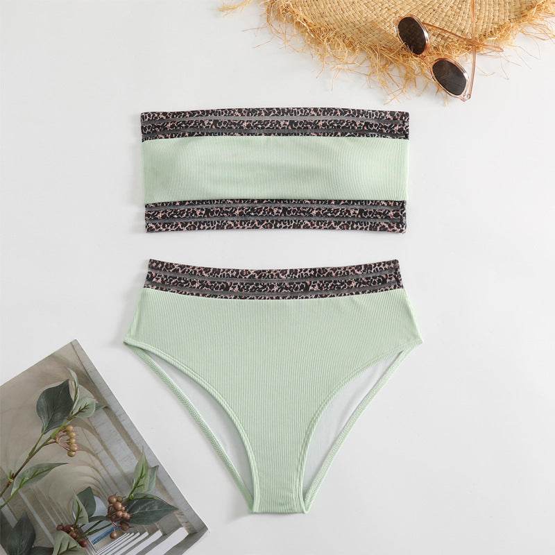 Split Swimsuit Leopard Splicing Strapless