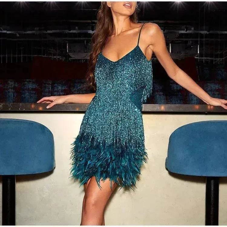 Elegant Chic Spaghetti Strap Luxury Tassel Sequins Feather Women’s Mini Dress for Evening Party, Cocktail Wedding Guest.