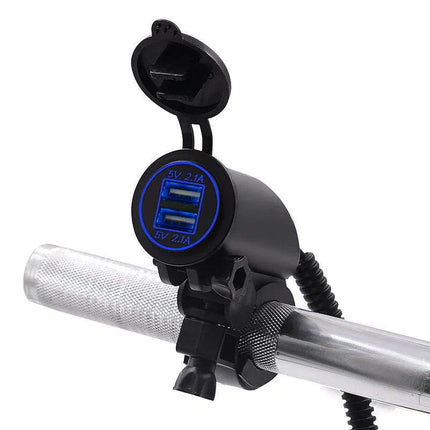 4.2A Dual USB Motorcycle Charger – IP66 Waterproof, Handlebar Mount, DC12-24V