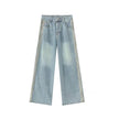 Retro Side Three Bar Stripes Short Sleeve Denim Shirt Outfit Men Jeans
