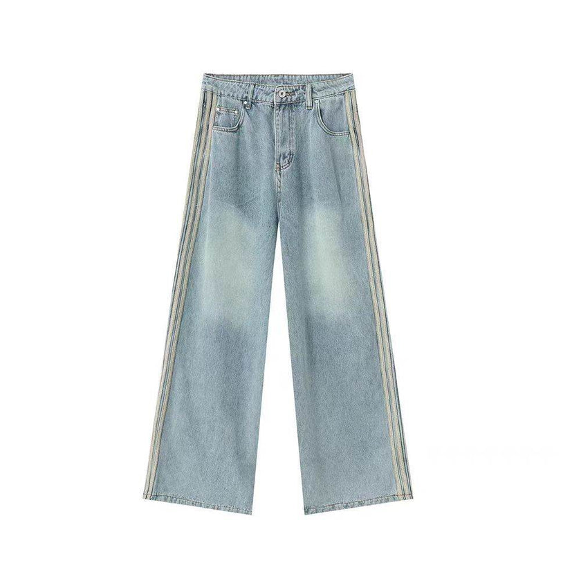 Retro Side Three Bar Stripes Short Sleeve Denim Shirt Outfit Men Jeans