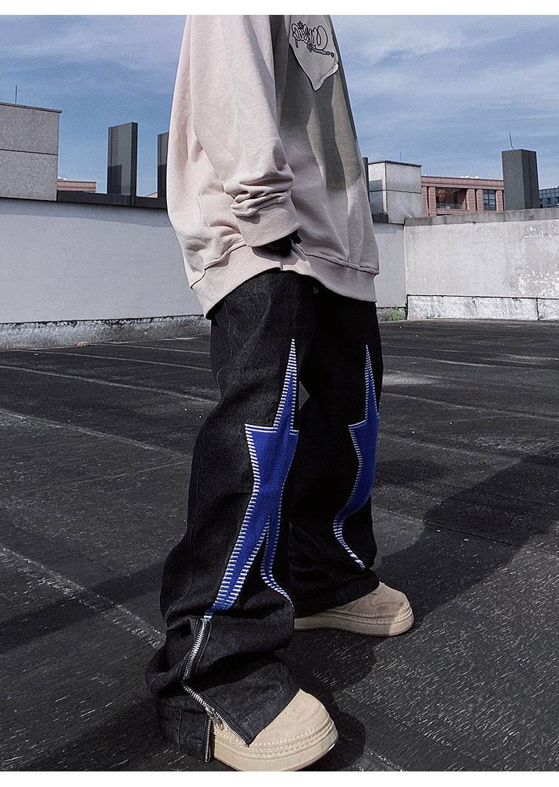 Five-pointed Star Embroidery Denim Horn Loose Straight Casual All-match Mop Jeans Baggy Trousers Men