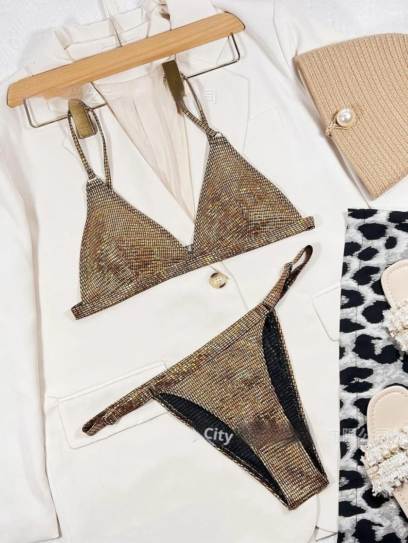 Women's Shiny Bikini Set | Metallic Silver Swimwear Canada