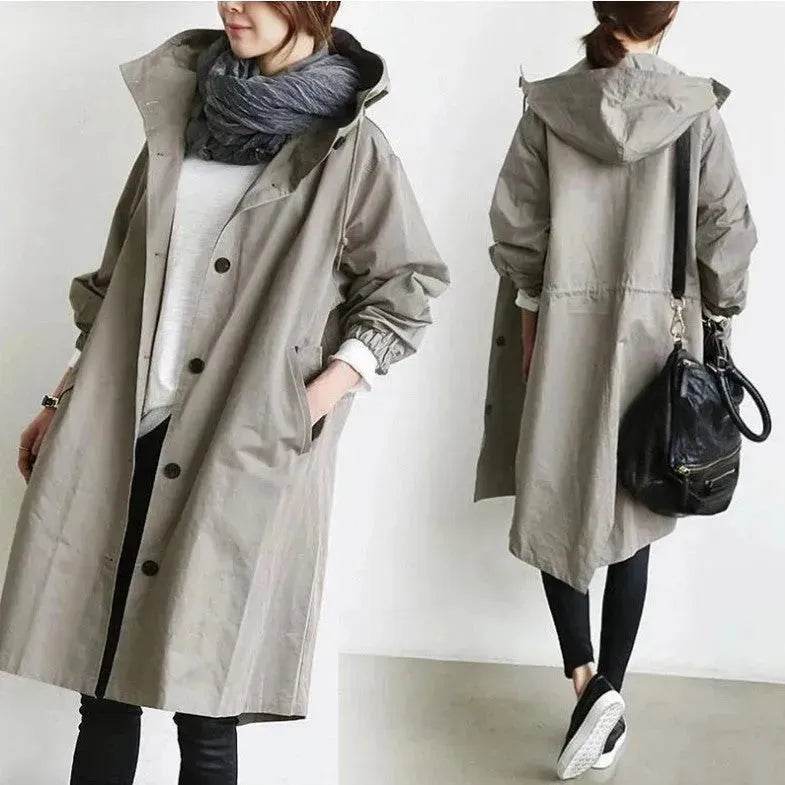 Women Casual Style Hoodie Windbreaker Mid-Length Long-Sleeved waist Jacket
