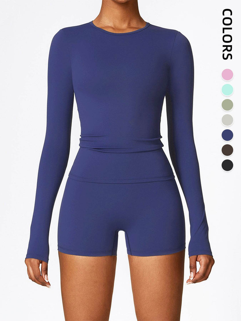 Women's Four Seasons Sports Suit, Women's Long Sleeve Round Neck Sports T-shirt And High Waist Tight Shorts Yoga Suit.