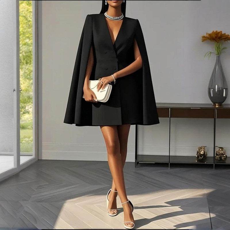 Formal V Neck Double-Breasted Mini Cape Sleeve Dress for Women