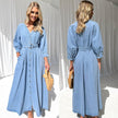V-neck Lace-up Waist Trimming Casual Button Denim Dress