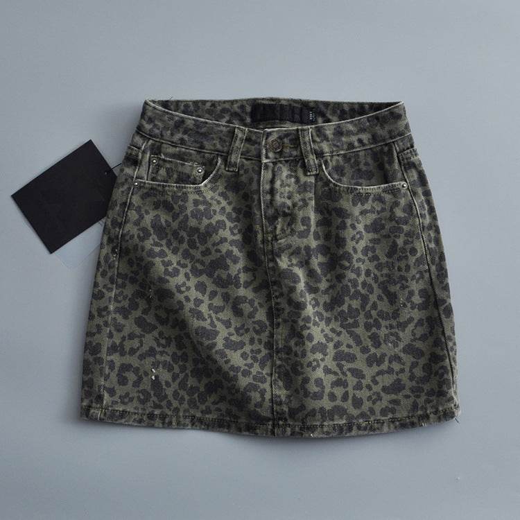 Leopard Print Mini Denim Skirt Women's High Waist Pencil Skirt