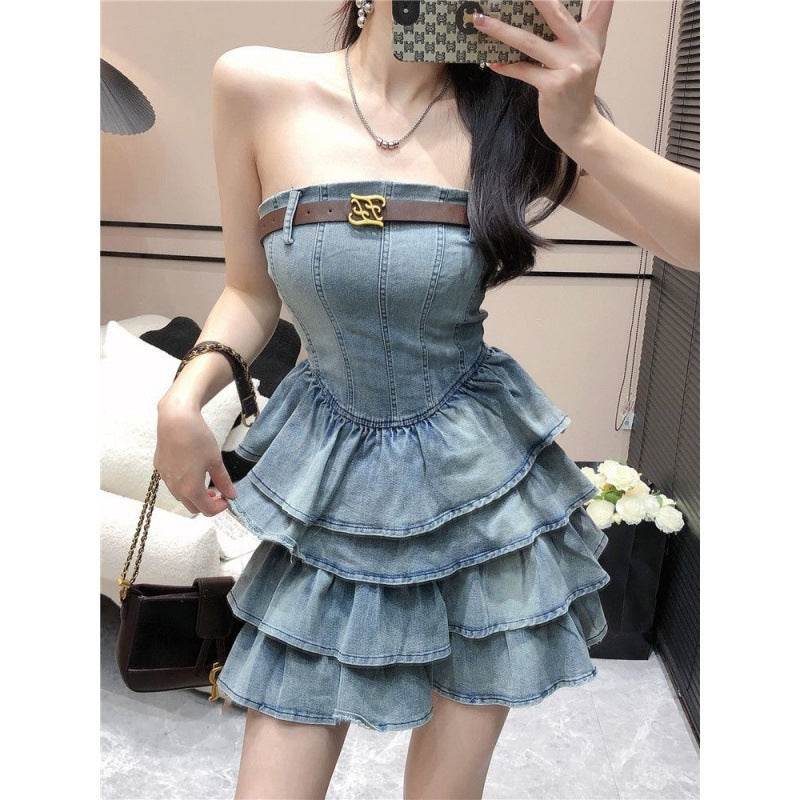 Women's sleeveless tube Denim High Waist Slimming Jeans layered flared mini Dress