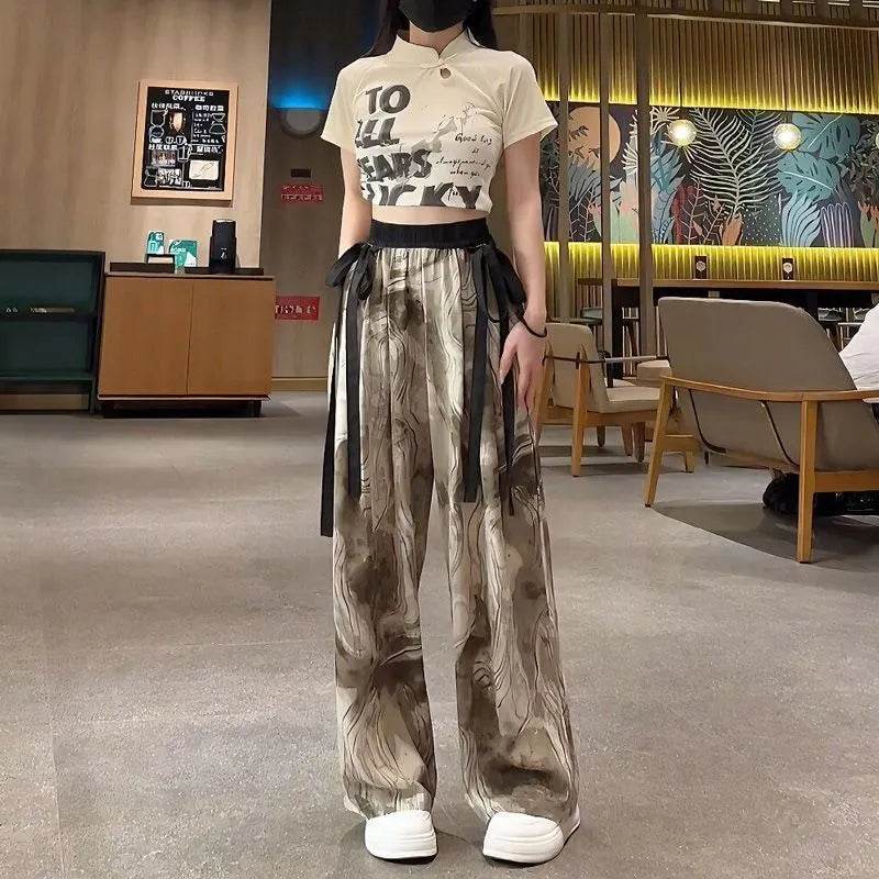 New Painting Ice Silk Wide-leg Baggy Trouser Pants Summer Women