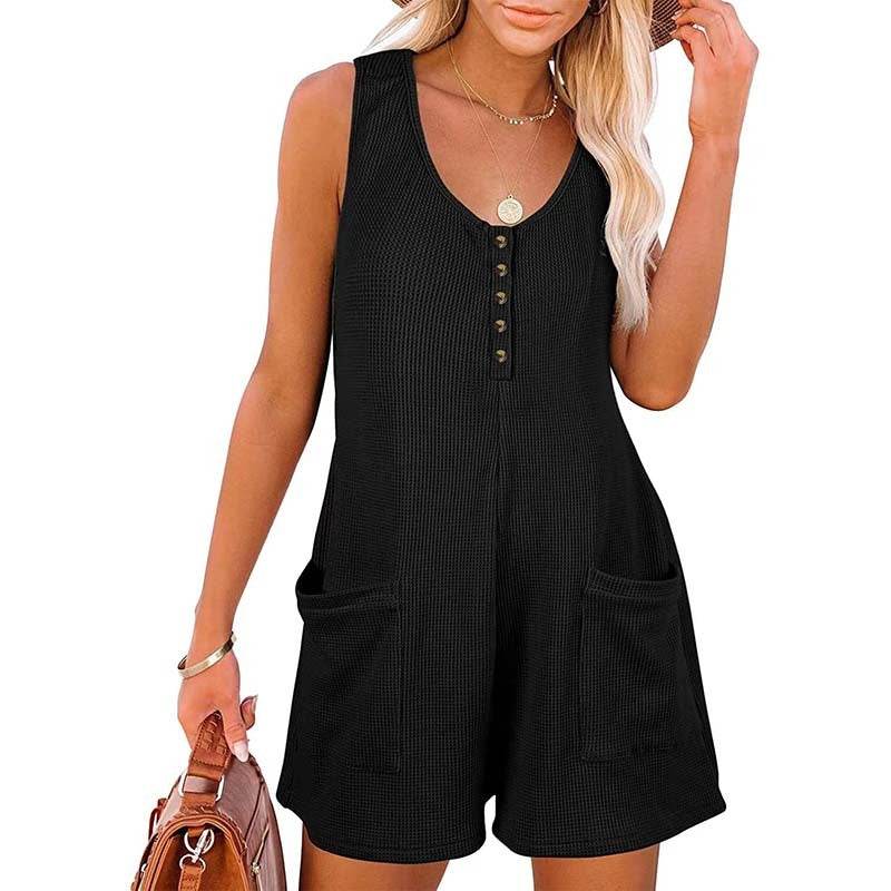 Women's Button Front Romper Jumpsuit With Pockets Casual Solid Color Sleeveless Summer Jumpsuit