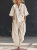 Women's Cotton Linen 2 Piece Outfit V-Neck Top & High-Waist Trousers