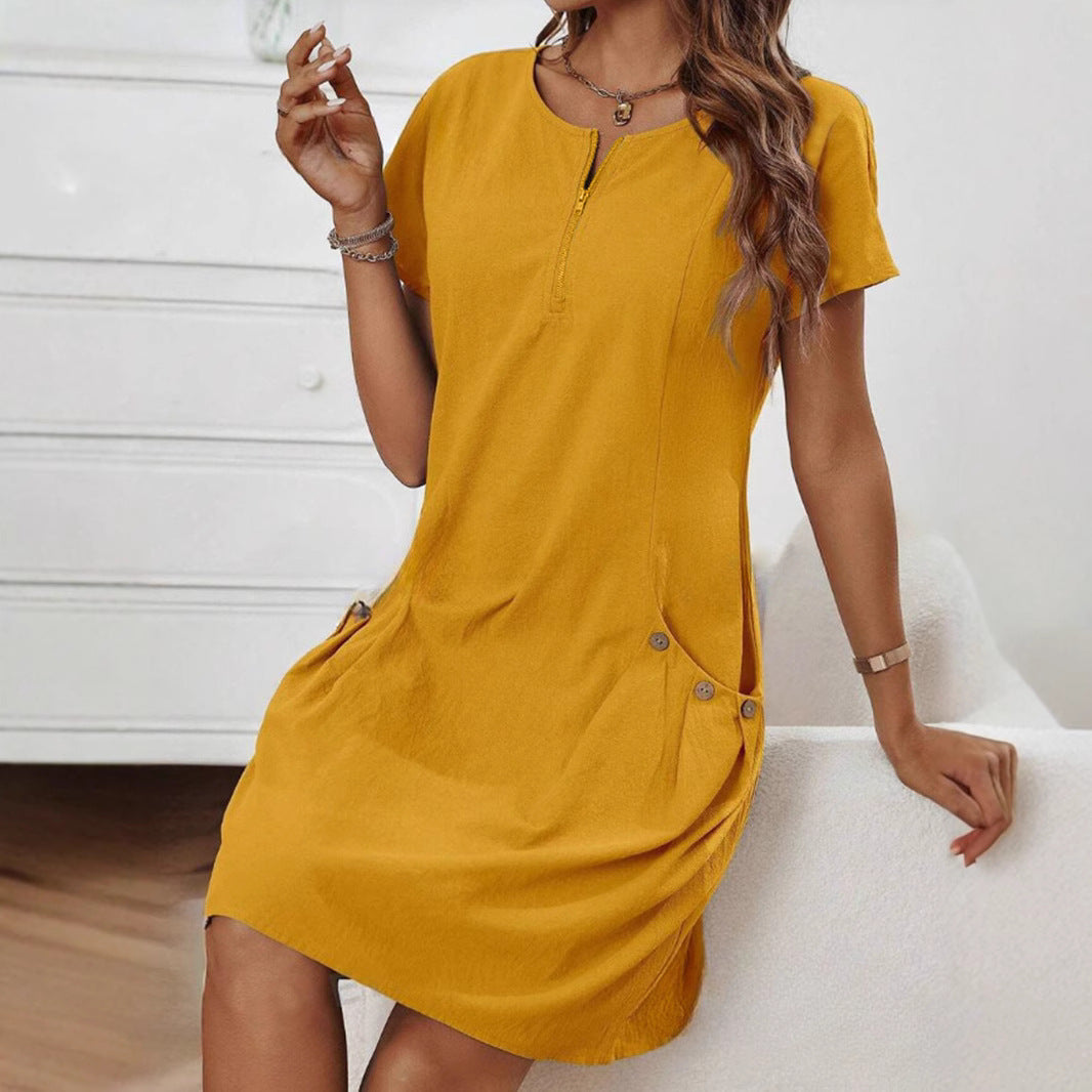 Women's Short-Sleeve Casual Dress with Pockets & Zipper – 12 Colors, S–3XL