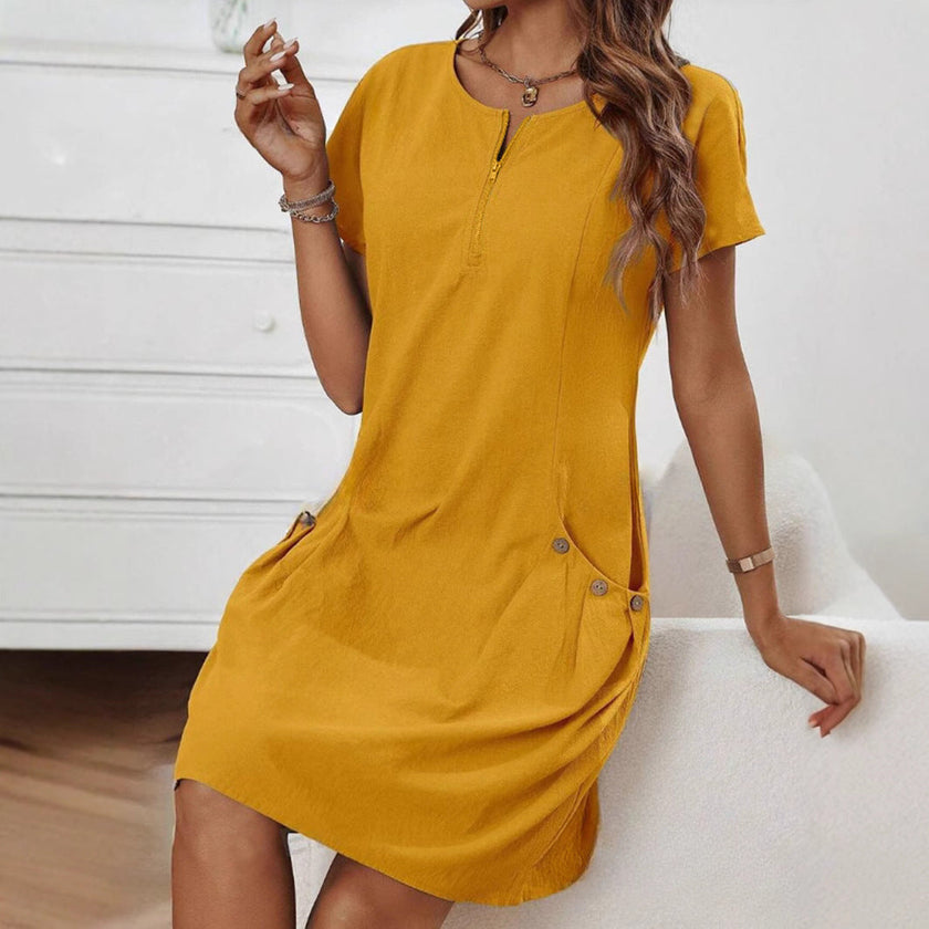 Women's Short-Sleeve Casual Dress with Pockets & Zipper – 12 Colors, S–3XL