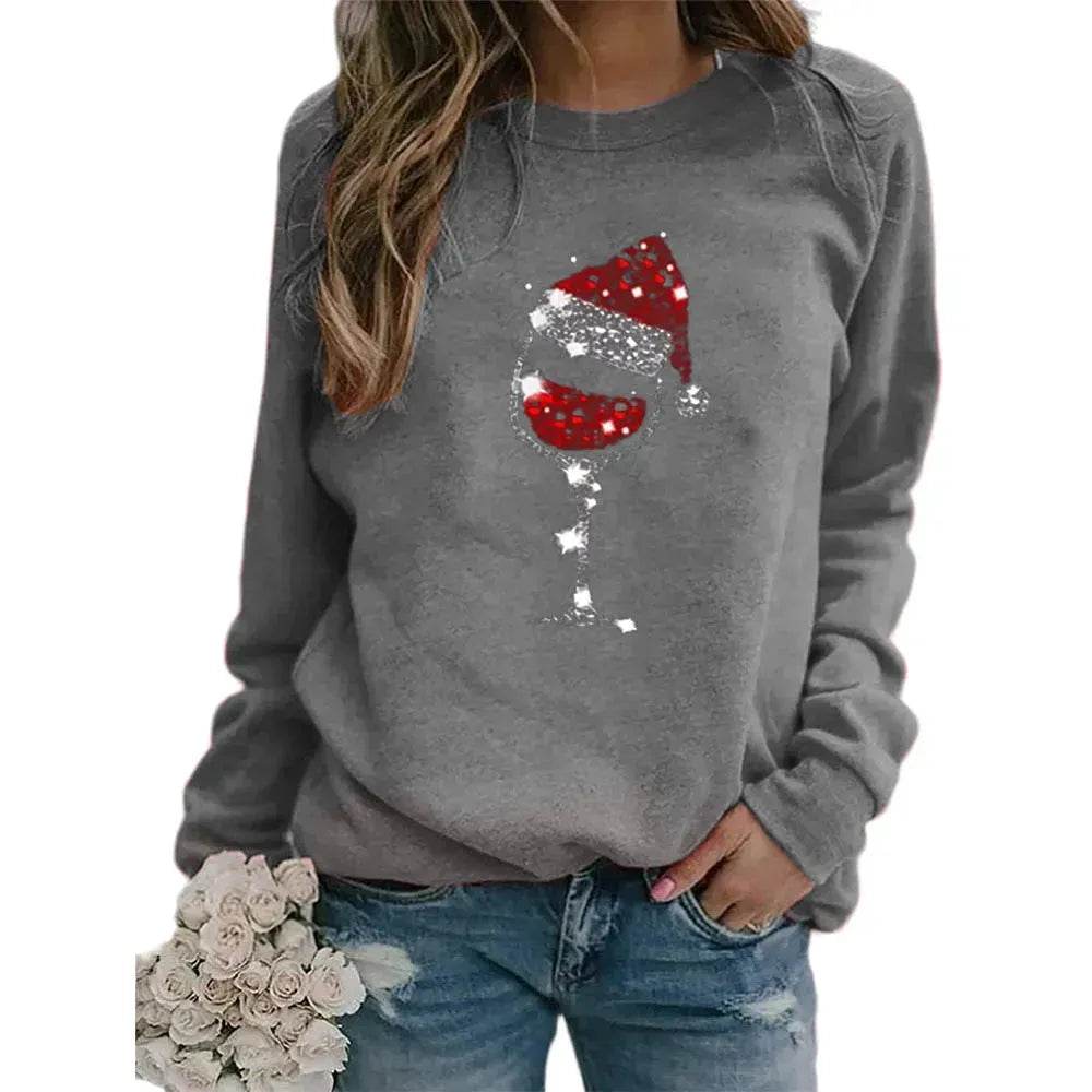 Clothing Christmas Women's Sweater Christmas Hat Red Wine Glass Graphic Print Crew Neck Long-sleeved Sweater