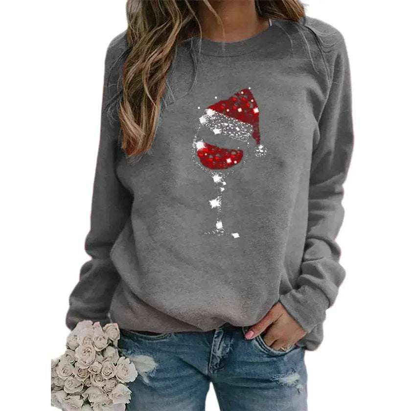 Clothing Christmas Women's Sweater Christmas Hat Red Wine Glass Graphic Print Crew Neck Long-sleeved Sweater