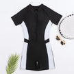 Women's Short Sleeve Boxer One-Piece Swimsuit | Conservative Black Polyester Swimwear S-XXL