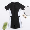 Women's Short Sleeve Boxer One-Piece Swimsuit | Conservative Black Polyester Swimwear S-XXL