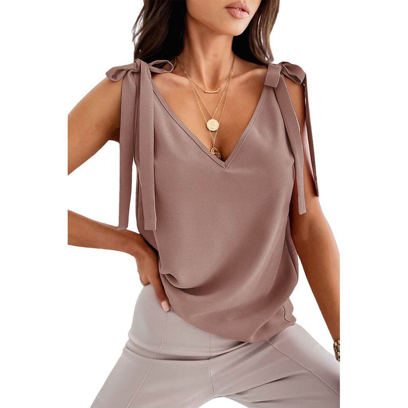 Bowknot Tie Up V-neck top Women Summer Sleeveless Blouse Tops
