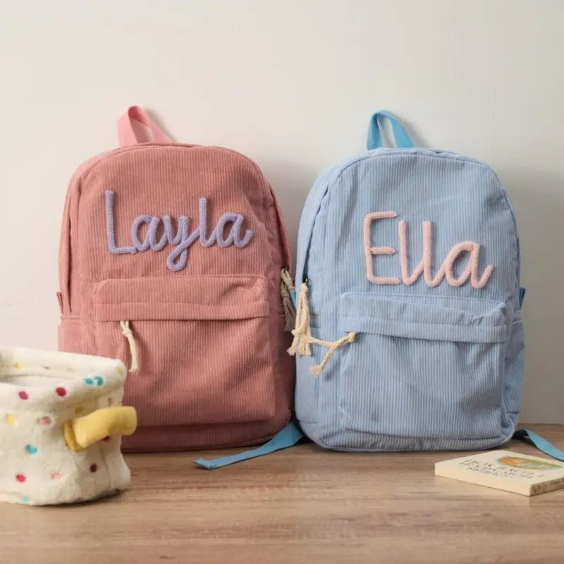 Personalised Children's School Bag – Cartoon Name Backpack (Beige, Blue, Green, Pink)