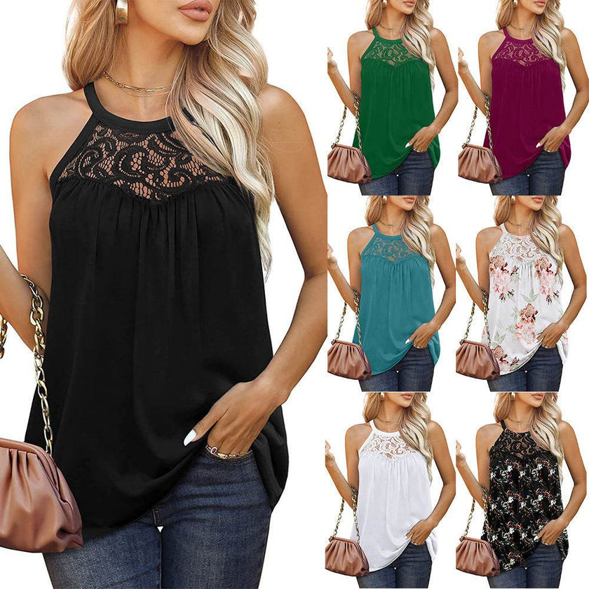 Women's Sleeveless Lace Cotton Top – Loose Fit Halter Neck Summer Blouse in 7 Colours