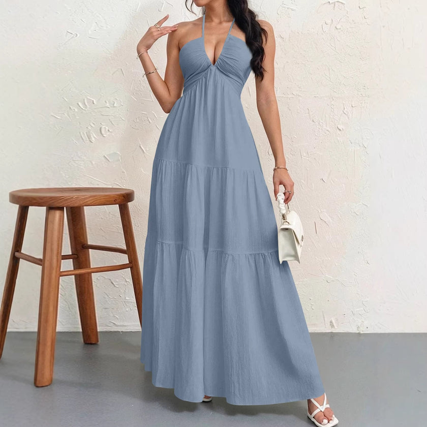 Backless Halterneck V-Neck Pleated A- Line Dress Women's Clothing One-Piece Dress Ankle-length Skirt For Beach Vacation Outfits