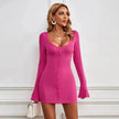 Chic Ladies Bodycon U-neck Long-sleeved Dress Charming Slim Hip-hugging Short Mini  Dresses  for Women