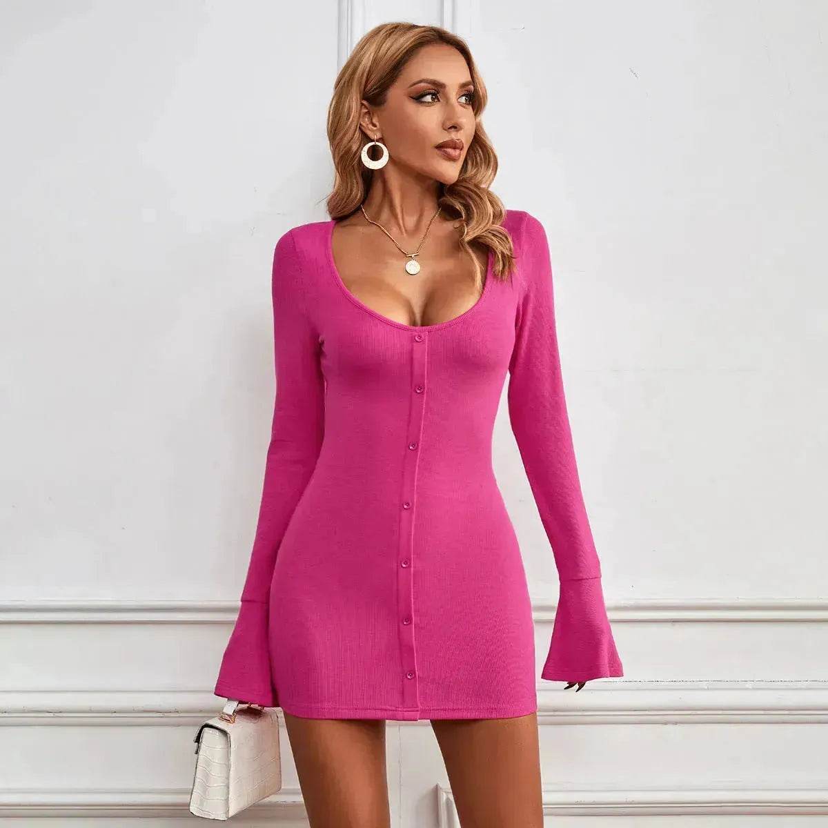 Chic Ladies Bodycon U-neck Long-sleeved Dress Charming Slim Hip-hugging Short Mini  Dresses  for Women
