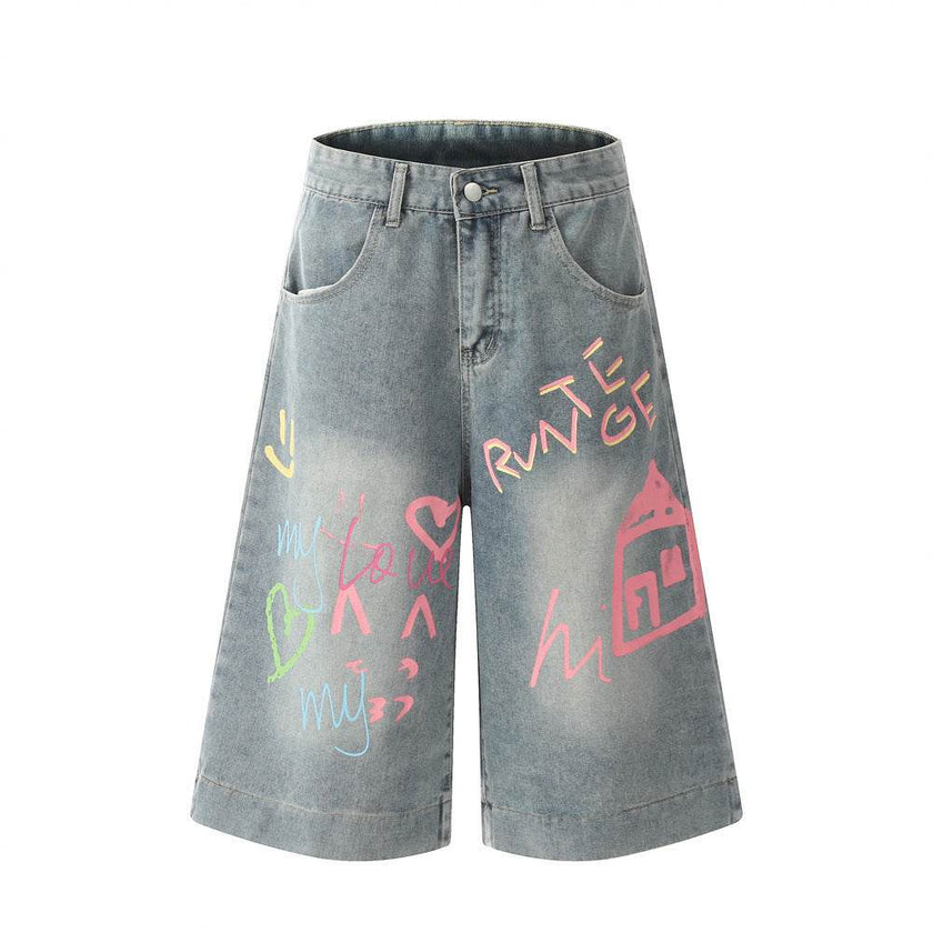 Hand Painted Graffiti Printing Denim Shorts Men Jeans
